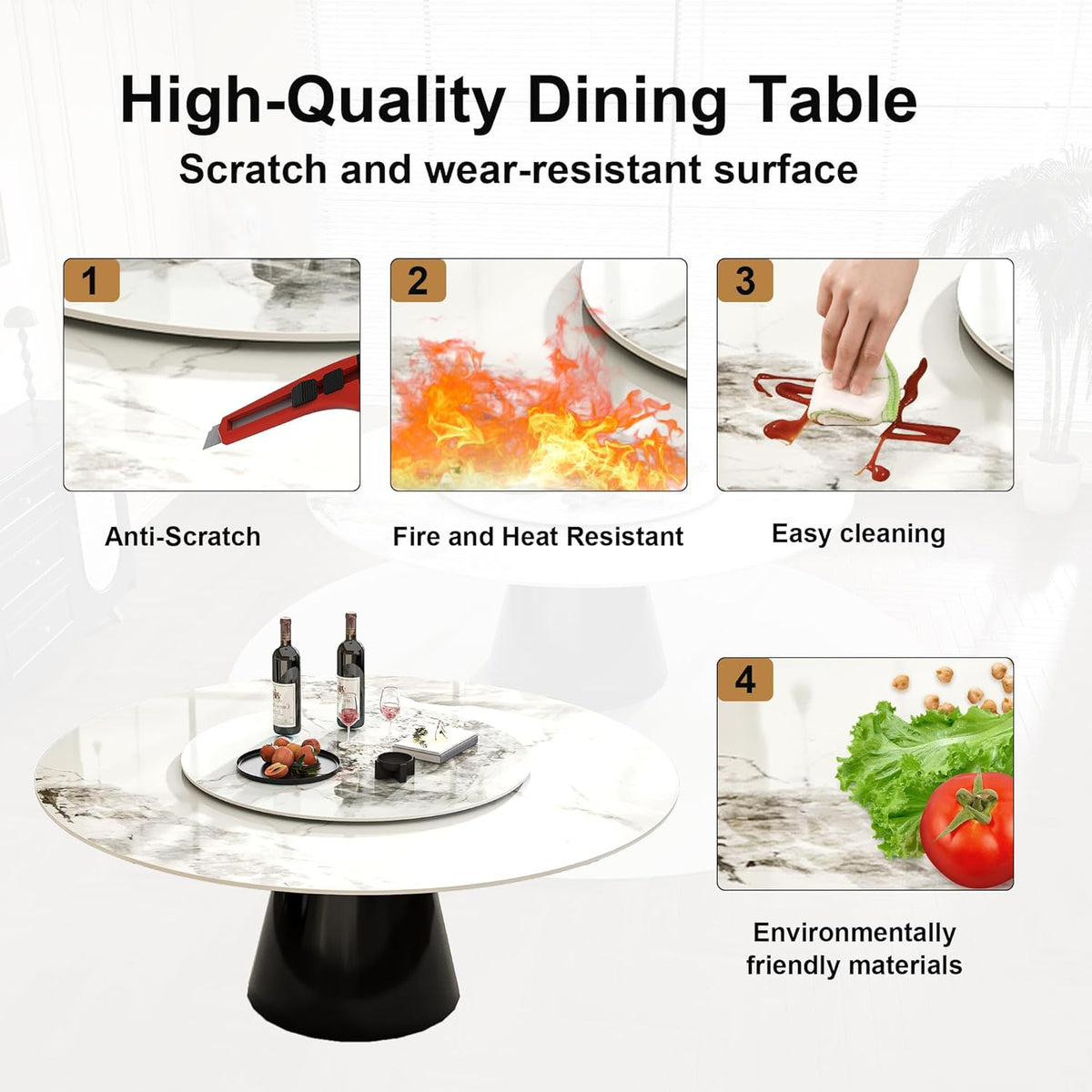 Montary 59" Modern Artificial Marble Round Dining Table with Black Stainless Steel Cone Base & 31.5" White Sintered Stone Turntable, Dining Room Table with Lazy Susan for 6-8 (Only Table)