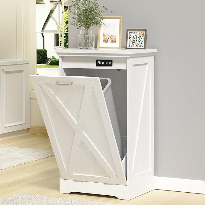 TOLEAD 13 Gallon Tilt Out Trash Can Cabinet, Kitchen Trash Cabinet Hidden Trash Can with Deodorizing & Negative Ion Pet Proof for Kitchen,Dining Room, Living Room,White
