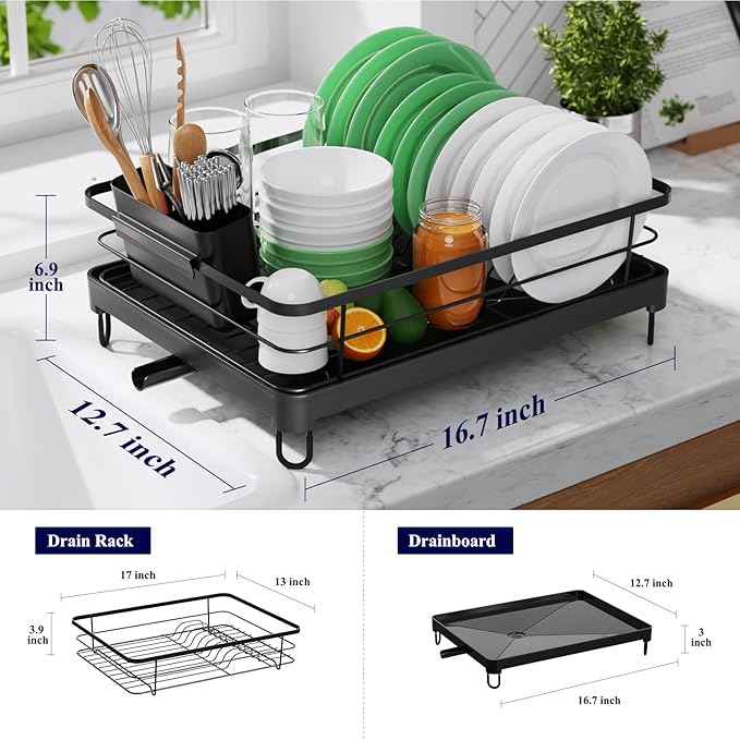 Kitsure Dish Drying Rack for Kitchen Counter, Stainless Steel Sink Organization and Storage Essentials with Cutlery Holder, Home and Appartment Decor, 12.7''W x 16.7''L, Black