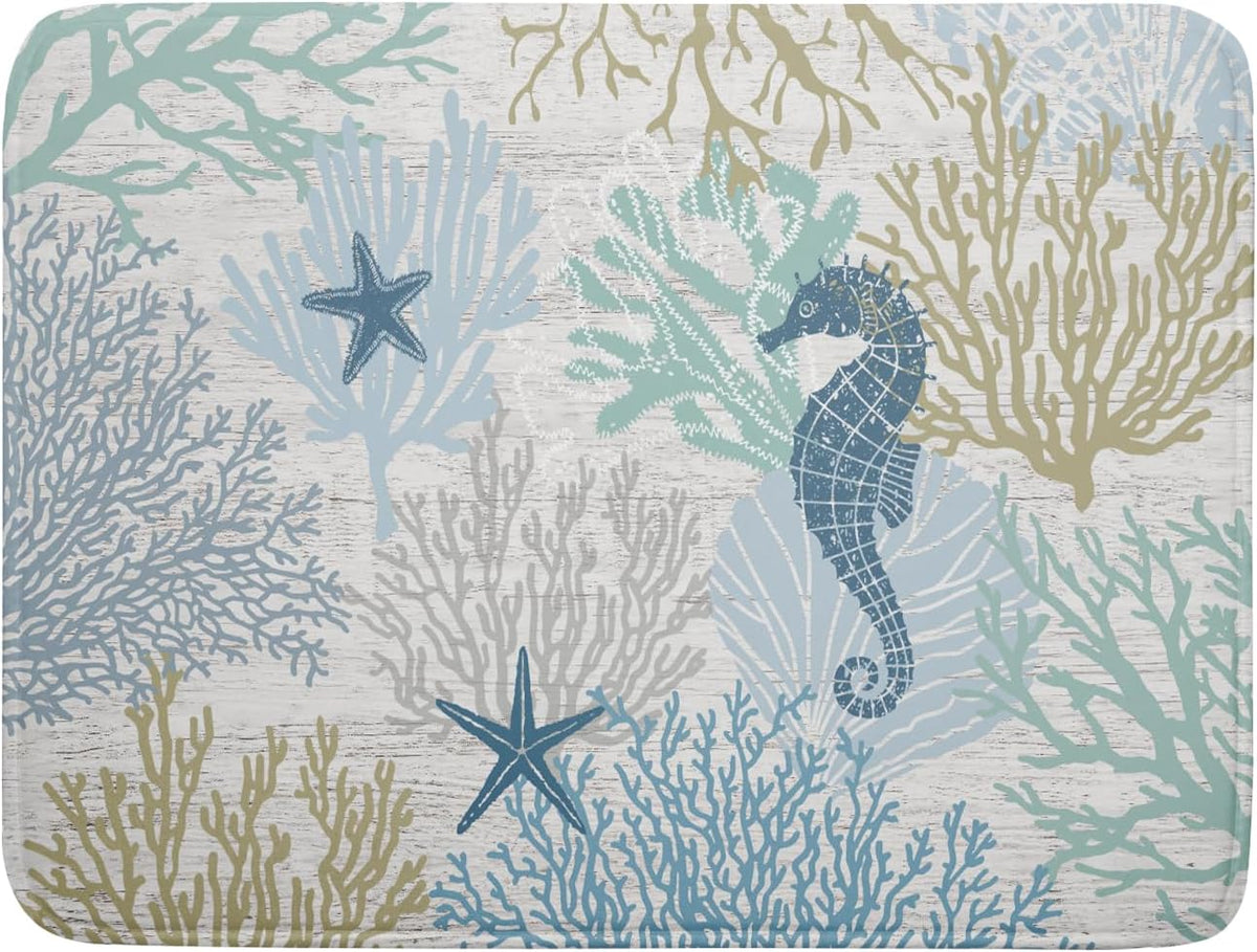 Blue Coral Dish Drying Mat Coastal Starfish Dishes Pad Hanging Drainer Mats Reversible Absorbent Kitchen Counter Protector 18x24 Inch