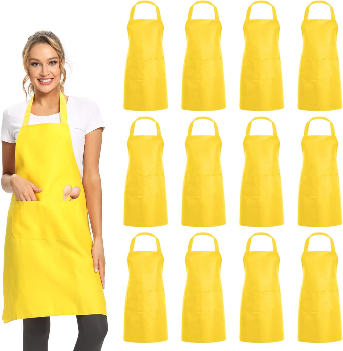 DUSKCOVE 12 Pack Plain Bib Aprons with 2 Pockets - Yellow Unisex Commercial Apron Bulk for Kitchen Cooking Restaurant BBQ Painting Crafting