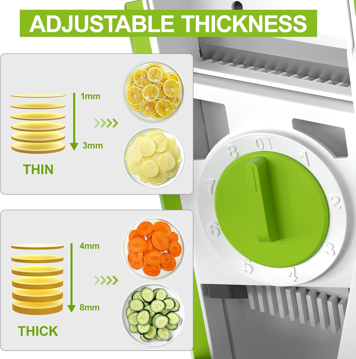 Upgraded Mandoline Slicer for Kitchen &Safe Vegetable Chopper 5 in 1 & Adjustable Mandoline Slicer,Can cut slicing,strips,shredding and dicing Kitchen Veggie chopper (Only Slicer Green)