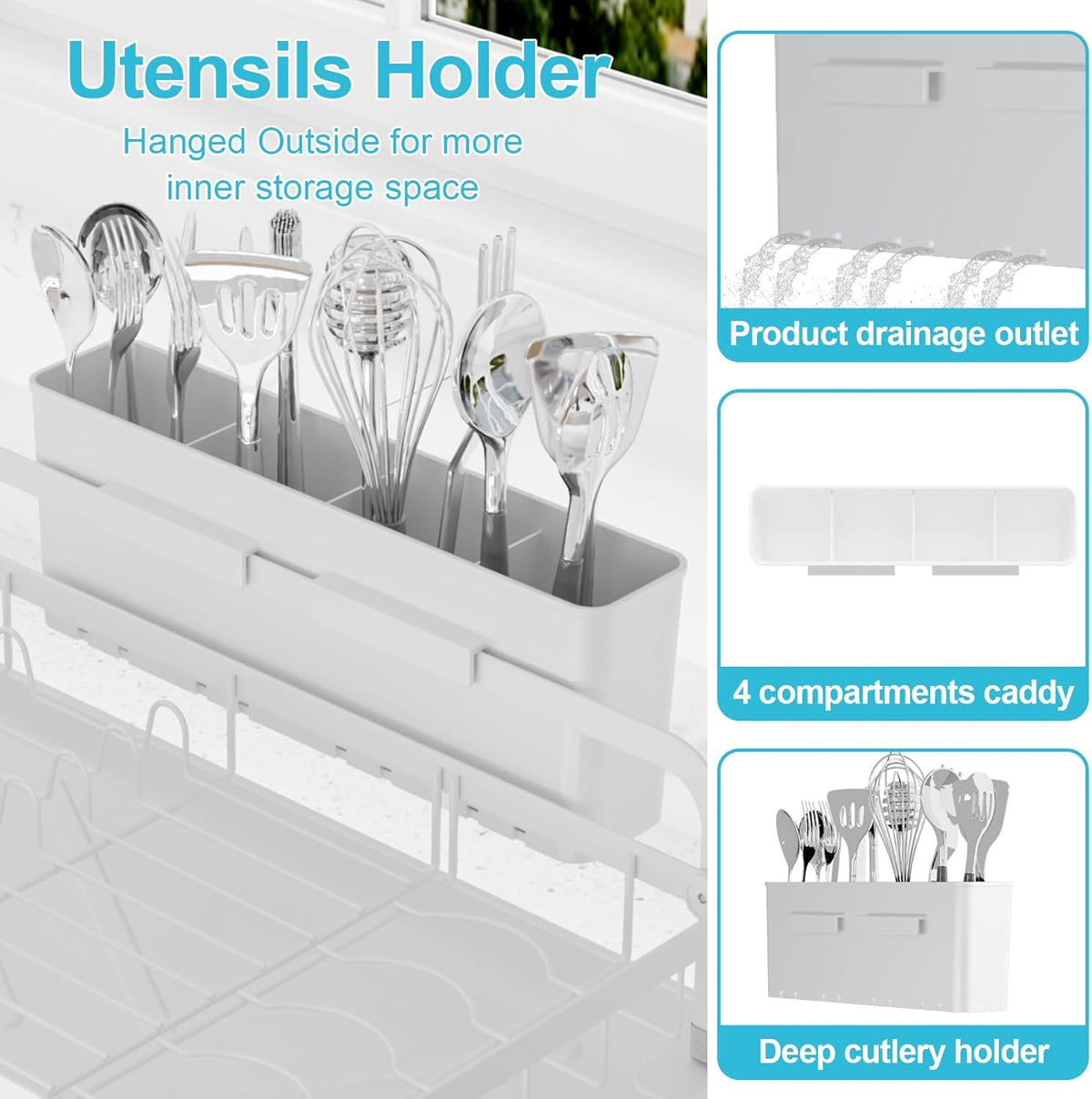Dish Drying Rack for Kitchen Counter - Large Capacity Dish Drying Rack with Drainboard, Kitchen Sink Dish Rack, Countertop Dish Drainer Rack with Cutlery Holders Dish Dryer Rack White