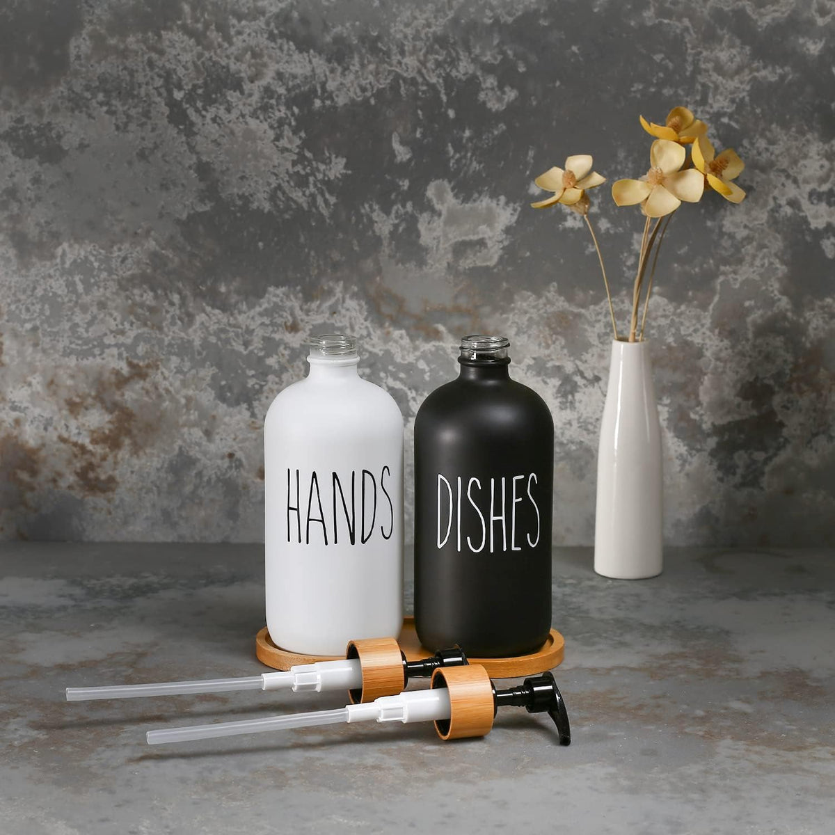 MOMEEMO Soap Dispenser Set, Contains Hand and Dish Soap Dispenser, Suitable for Kitchen Decor. (Black & White)