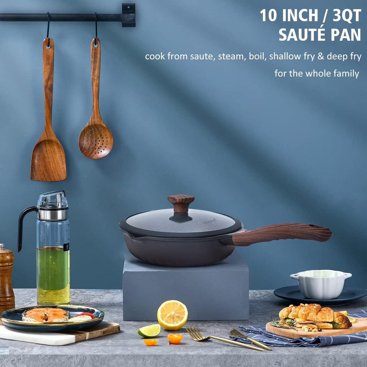 Vinchef Nonstick Deep Frying Pan Saute Pan with Lid, 10in/3Qt Skillet Pan, German 3C+ Ceramic Coating Technology, Aluminum Casting, Induction Compatible