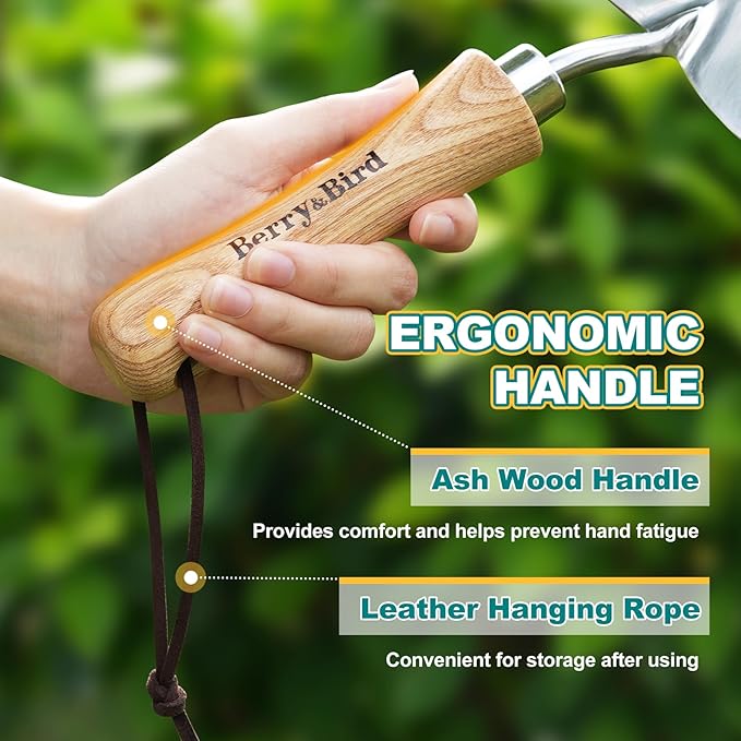 Berry&Bird Potting Trowel, Stainless Steel Serrated Hand Shovel, Wood Handle Garden Trowel Tool with Measuring Scale for Effortless Digging,Roots，Planting, Cutting and Transplanting