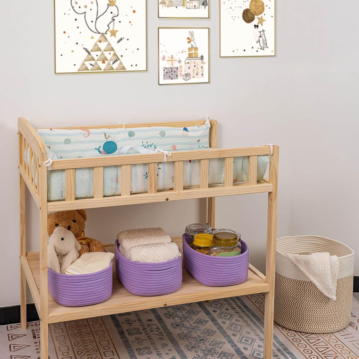 CubesLand Small Storage Baskets for Shelves, Closet Organization Storage Bins Empty Gift Basket 3 Packs Baby Nursery Woven Baskets for Organizing, Rectangular Clothes Closet Shelves Baskets Purple