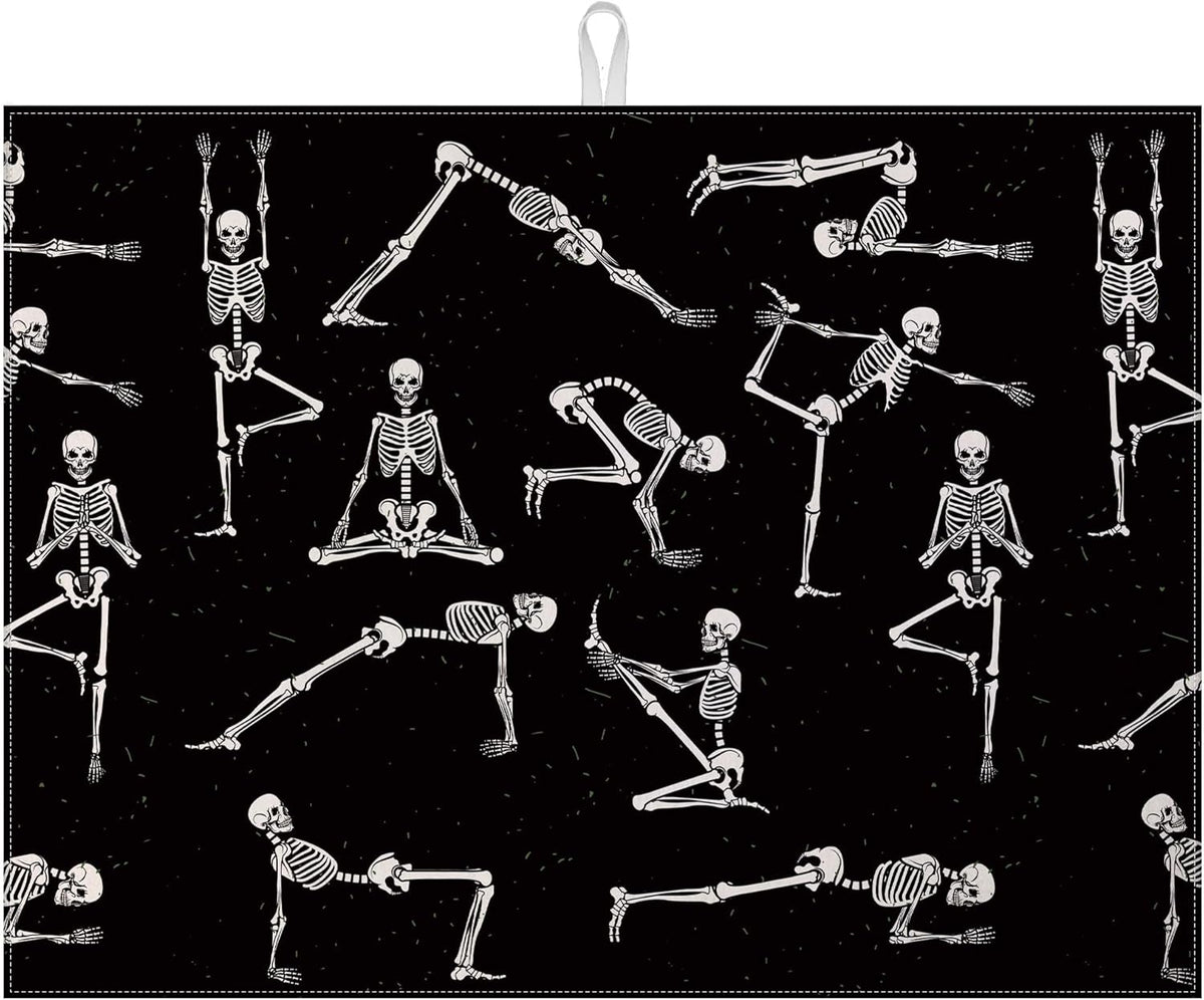 Funny Skull Yoga Dish Drying Mat for Kitchen Counter Microfiber Absorbent Dish Kitchen Drying Mat Draining Reusable Washable for Dishes/Utensils/Counterto