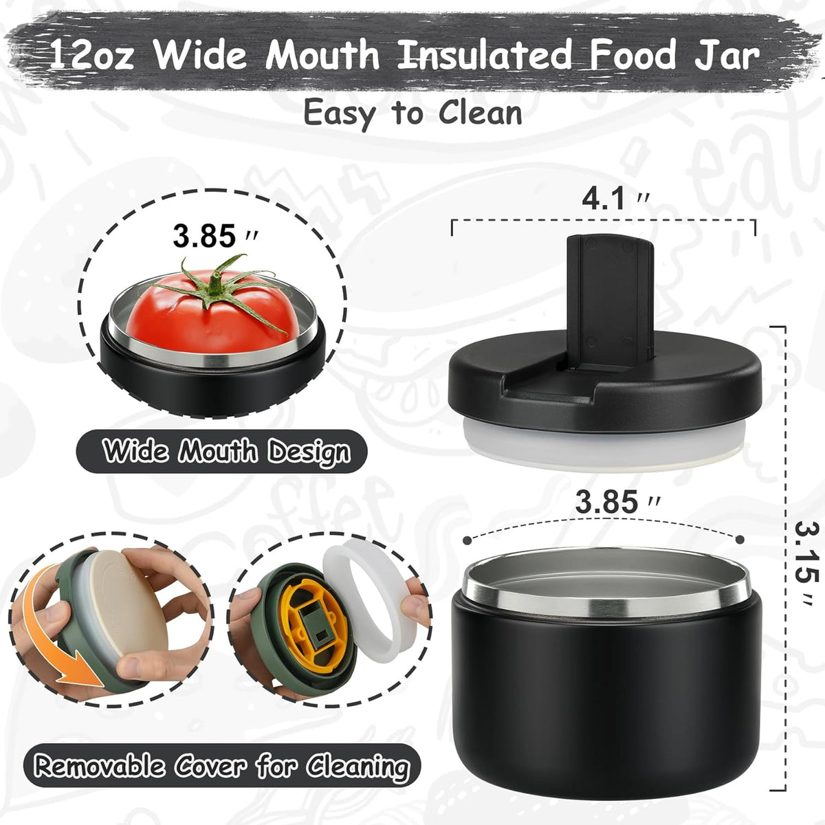 12oz Insulated Vacuum Food Jar with Buckle Lid Wide Mouth Soup Thermo for Hot Food Kids Leakproof Stainless Steel Lunch Container- Black- 1Pack