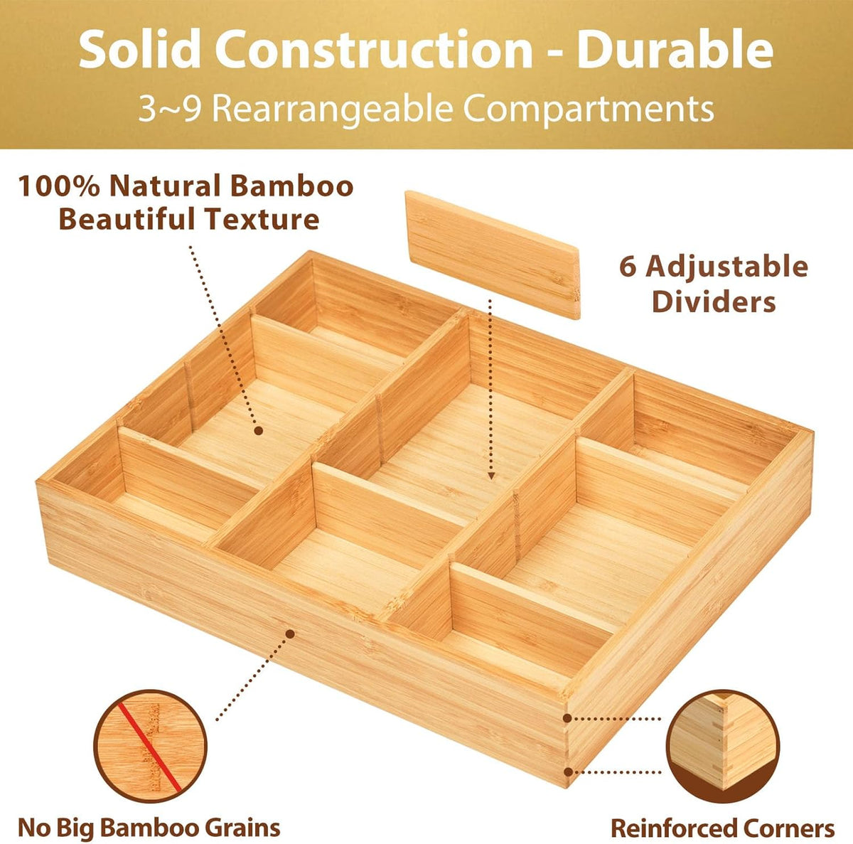 Umilife Desk Drawer Organizer, Bamboo Wood Organizer Tray with Adjustable Compartments, Office Desk Accessories Supplies Organization Storage, 12" x 9"