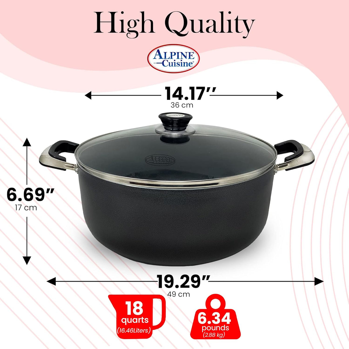 Alpine Cuisine 18 Quart Non-stick Stock Pot with Tempered Glass Lid and Carrying Handles, Multi-Purpose Cookware Aluminum Dutch Oven for Braising, Boiling, Stewing