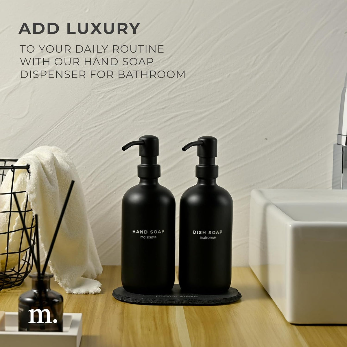 MaisoNovo Soap Dispenser 3-Piece Set | 16.9oz Black Bottles with Black Stainless Steel Pumps
