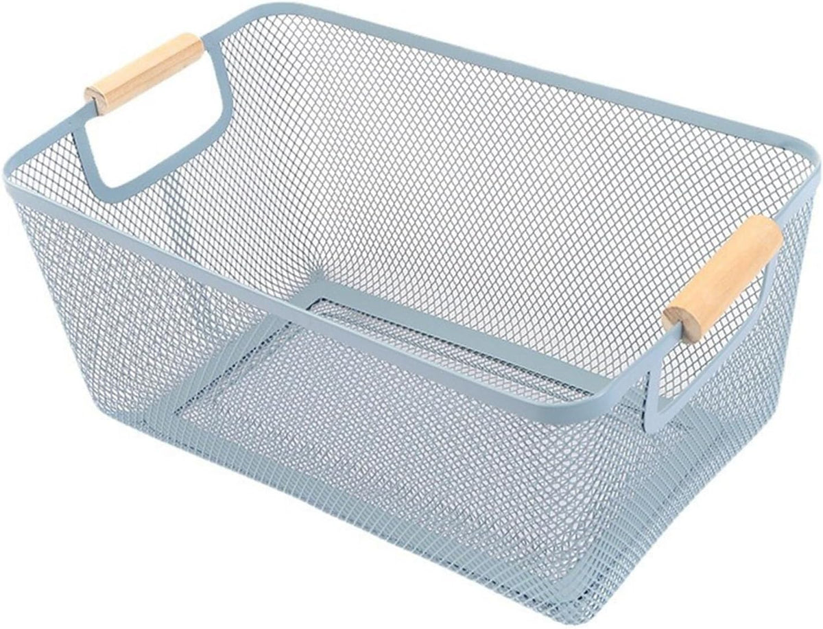 Metal Mesh Steel Basket, Large Wire Storage Organizer Basket Multi-function Hanging Kitchen Baskets with Wood Handle for Kitchen Bathroom Picnic Home, Rectangle-Blue