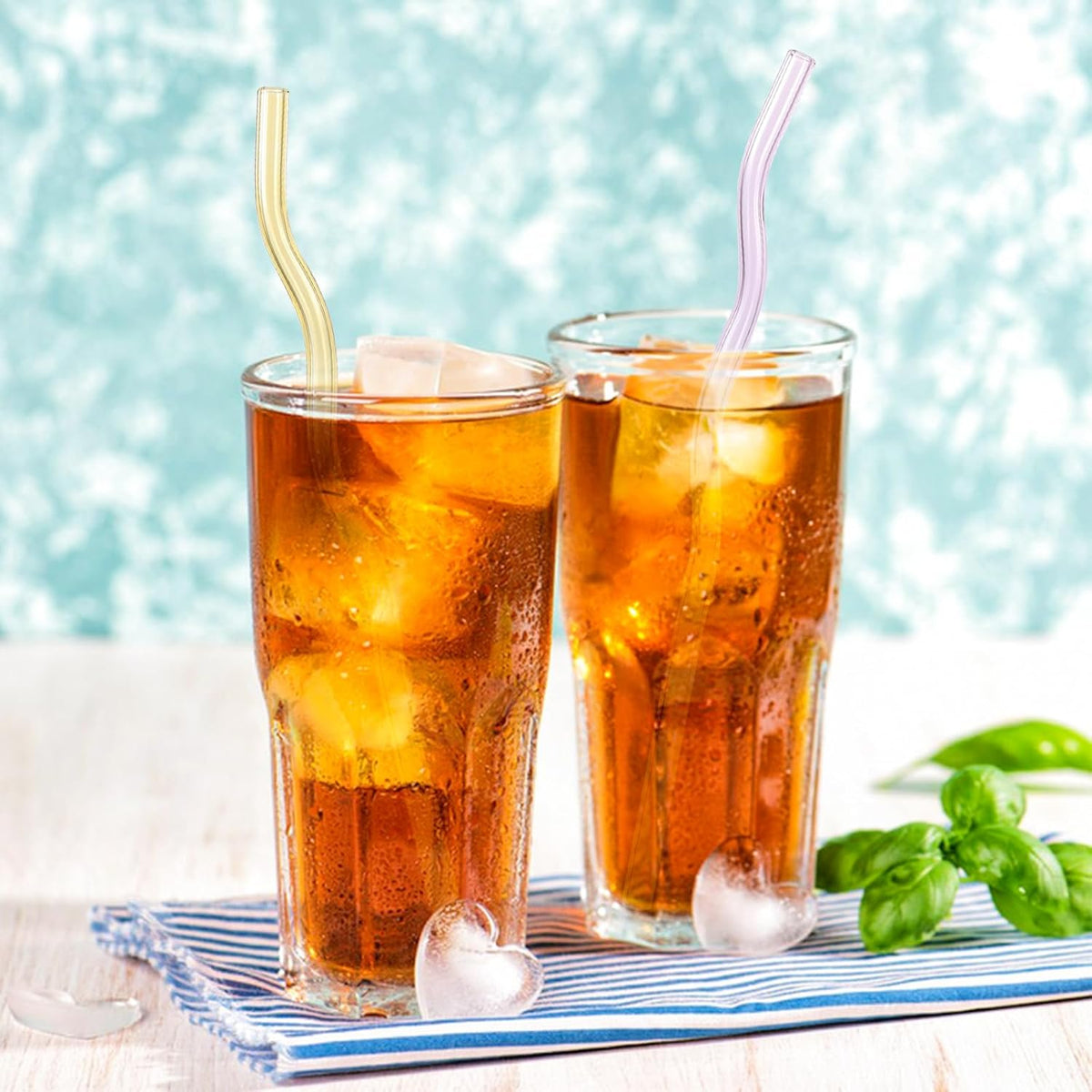 10 Pcs Reusable Wavy Colorful Glass Straws,9''x8 mm Shatter Resistant Cute Drinking Straws with 2 Cleaner Brush for Beverages,Coffee,Juice,Cocktail,Teas