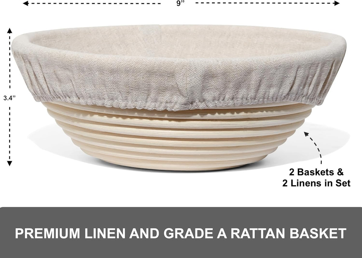 Premium Bread Proofing Set with Acacia Wood - Sourdough Bread Baking Supplies, 2 Rattan Banneton Baskets, 2 Basket Covers, Brush, Metal Scrapper, Plastic Scrapper, Scoring Lame, 5 Blades & Case