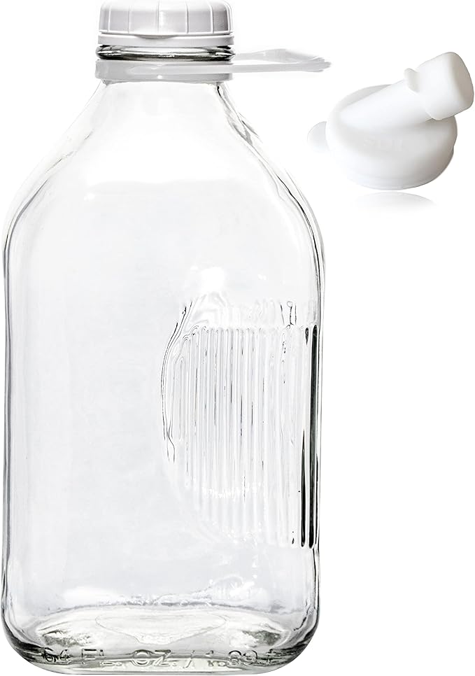 The Dairy Shoppe Heavy Glass Milk Bottle - Jug with Lid and Silicone Pour Spout - Clear Milk Container for Fridge - Reusable Glass Milk Jug Dispenser - Made in USA (64 oz, 1 Pack)
