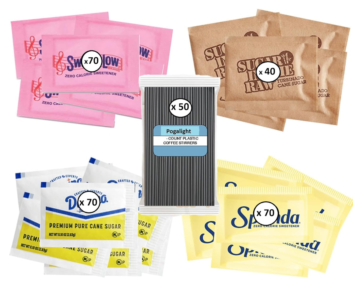 Pogalight Premium, Sugar and Sweeteners Variety Pack (300-Pack) - 70 Pure Cane Sugar, 40 Brown Sugar,70 Yellow Stevia, 70 Pink Sweetener, 50 Stirrers - Perfect for Coffee, Tea, Baking, Office, Restaurant,