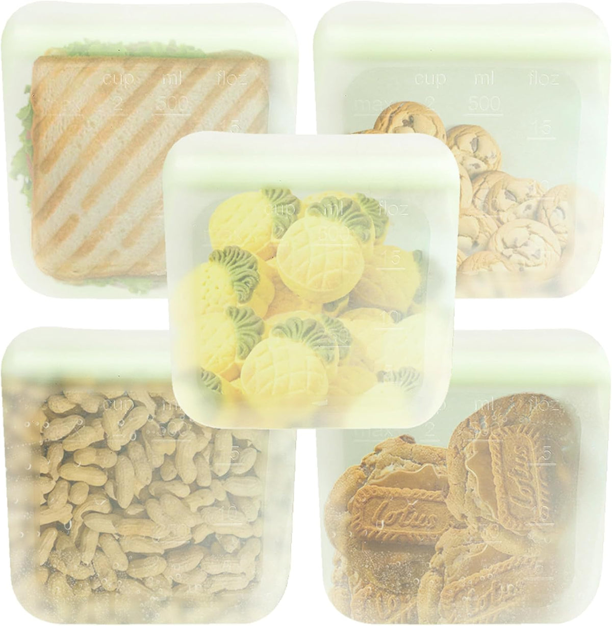 purifyou Set of 5 Reusable Silicone Storage Snack Bags 6oz / 16oz / 32oz / 64oz Self-Seal Food Storage Container for Fruits, Vegetables, Sandwiches, Dishwasher Safe & Leak-free (LimeCream, 16oz)