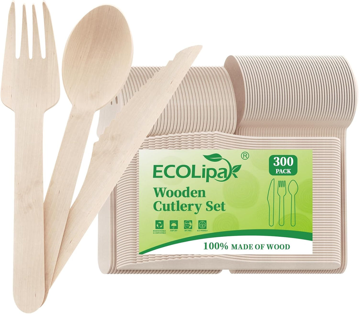 ECOLipak 300 Count Disposable Wooden Cutlery Set, 100 Knives, Forks and Spoons each, Splinter-Free Compostable Wooden Disposable Utensils for Party, Camping, Traveling, Family Dinners