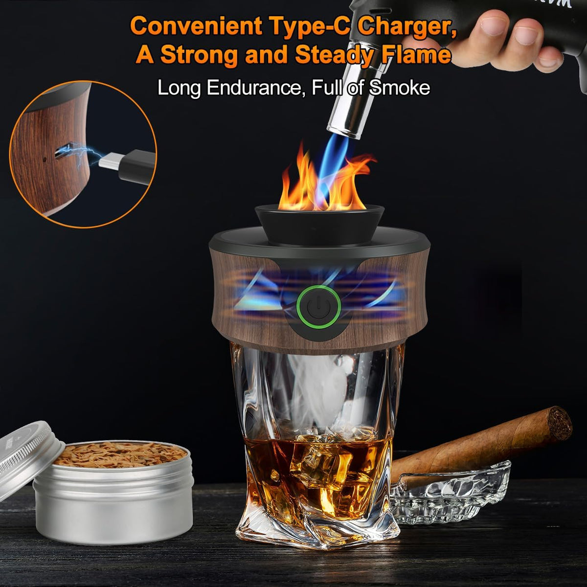 Electric Cocktail Smoker Kit with Torch – Enhance Your Drink's Aroma with 6 Flavorful Wood Chips | Old Fashioned Smoker for Whiskey & Cocktails | Gift for Drink Lovers (Butane Not Included)