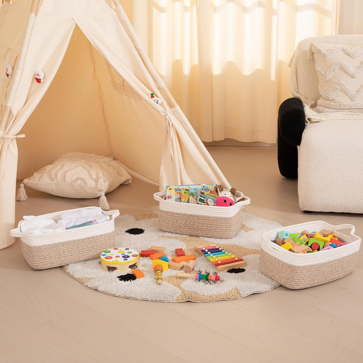 OIAHOMY 3 Pack Storage Baskets for Organizing, Woven Cotton Rope Basket for Shelves, Closet Organizer Bins with Handles, Rectangle Toy Organization, 13.78''×9.84''×5.5'', Brown & White