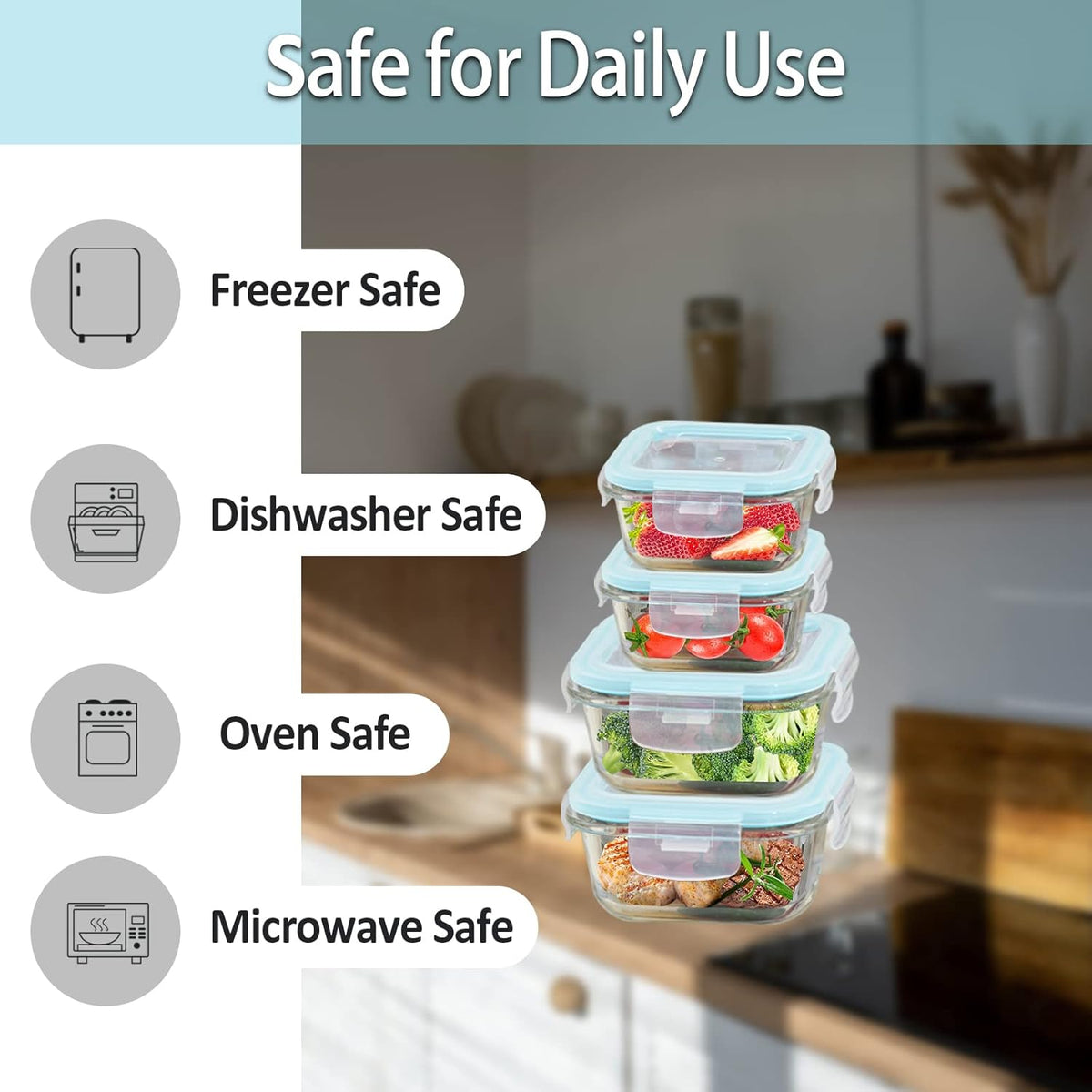 Glass Food Storage Containers with Lids Airtight 4 Pack, Glass Storage Containers with Lids for Food, Not Easy Broken & Leak Proof, Glass Containers with Lids for Oven/Dishwasher Safe, Blue