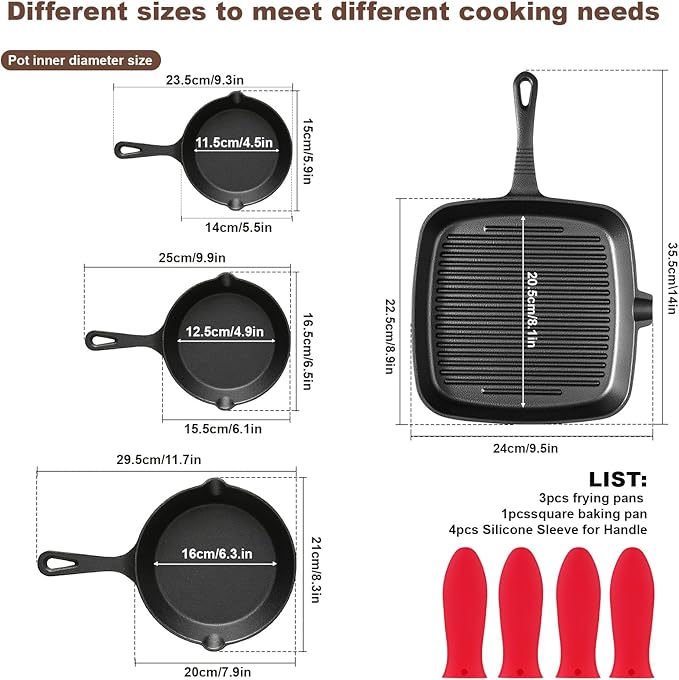 Pre-Seasoned Cast Iron skillets,4 Piece Durable Pots and Pans Set with Handle Covers for Grill, BBQ, Camping Fire, Stovetop, Kitchen and Camping Cookware