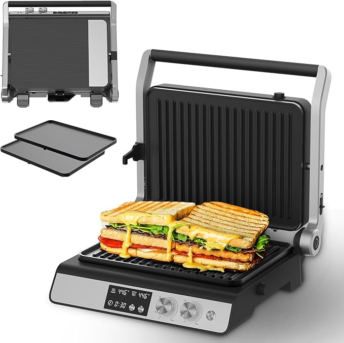 Panini Press,4 Slices Contact Grill with Removable Non-Stick Coated Grill and Flat Plates,Panini Makers with Temperature Control and Timer,Open 180 Degrees,Grill and Griddle (Half black with digital)