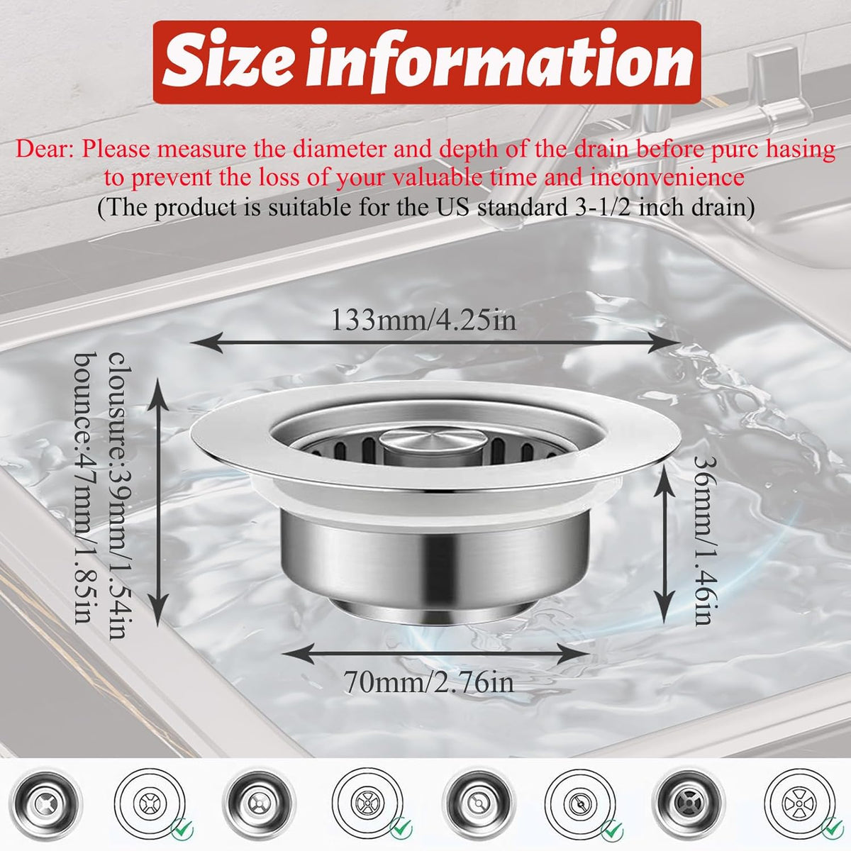 Kitchen Sink Drain Strainer，Upgraded 304 Stainless Steel 3 in 1 Pop-up Sink Drain Strainer Kitchen Drain Strainer Cover and Sink Stoppers Combo，Standard 3-1/2 in Hole