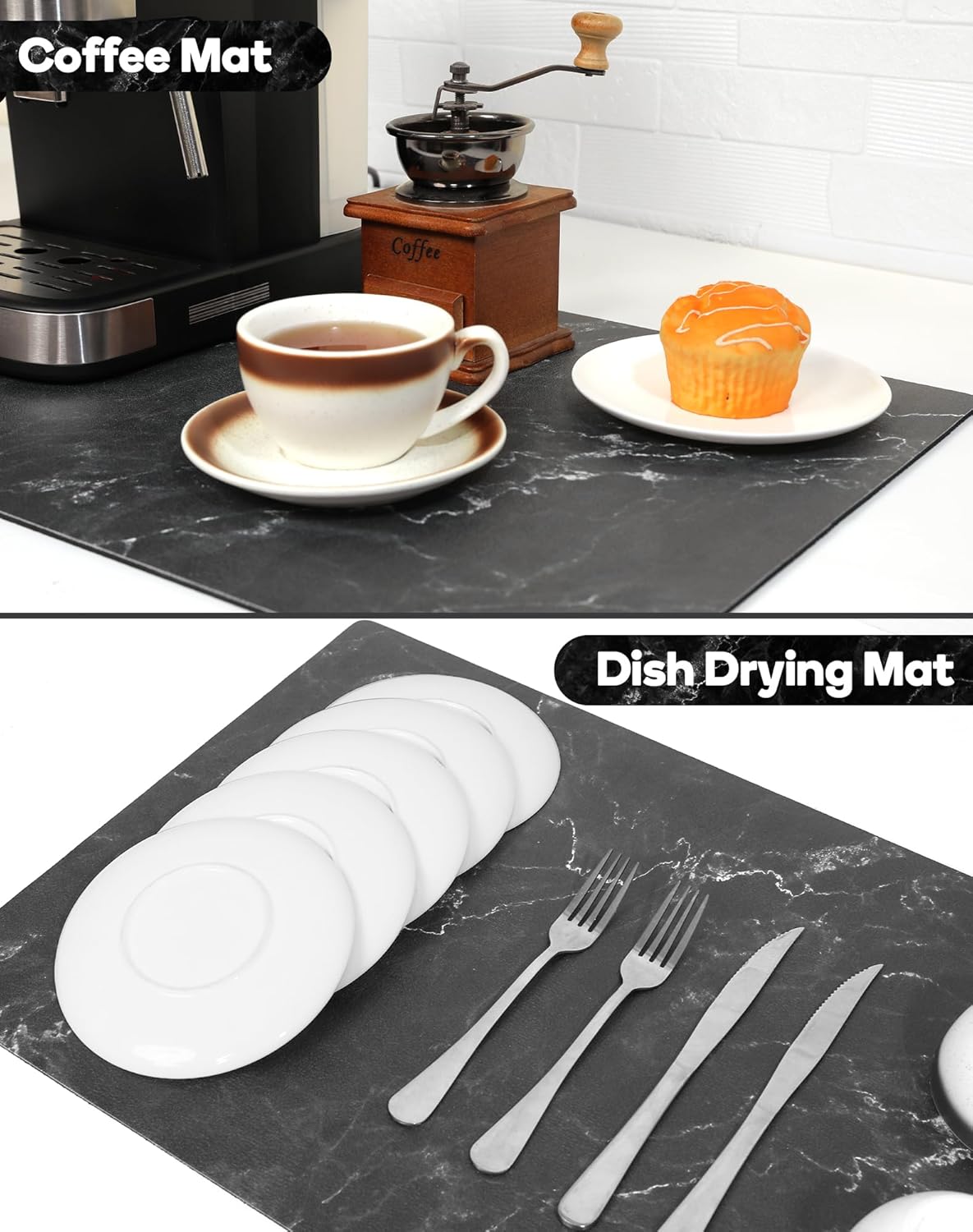 SUEH DESIGN Coffee Mat, Absorbent Dish Drying Mat 23.6 x 15.7 in Quick Dry Coffee Mat Large Drying Mats for Kitchen Counter Coffee Bar, Marble Black