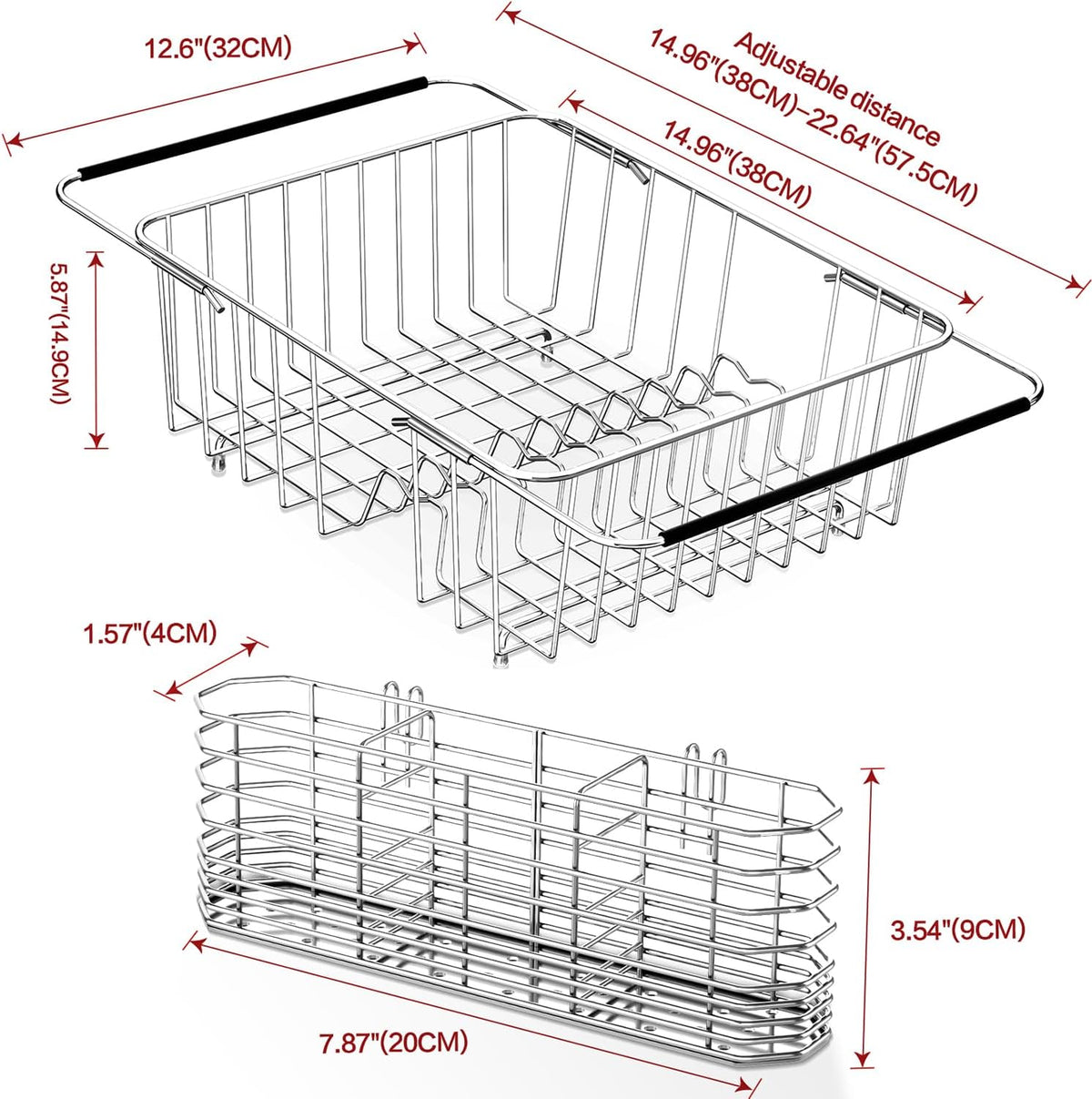 Large Dish Drainer Rack in Sink Adjustable, Expandable 304 Stainless Steel Metal Dish Drying Rack Organizer with Stainless Steel Utensil Holder Over Inside Sink Counter, Rustproof