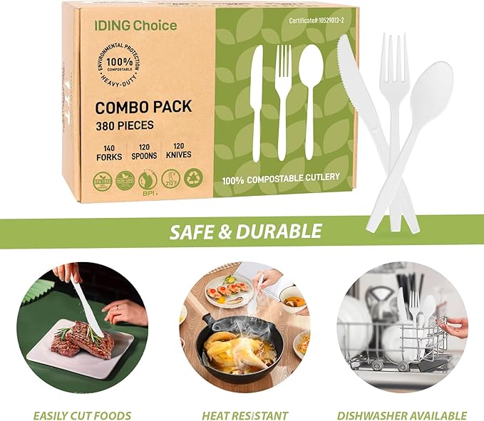 380 Count Heavy Duty Compostable Cutlery Set 140 plastic forks 120 spoons 120 knives eco-friendly no plastic silverware compostable utensils for Weddings, Parties, Office, Camping, Picnic