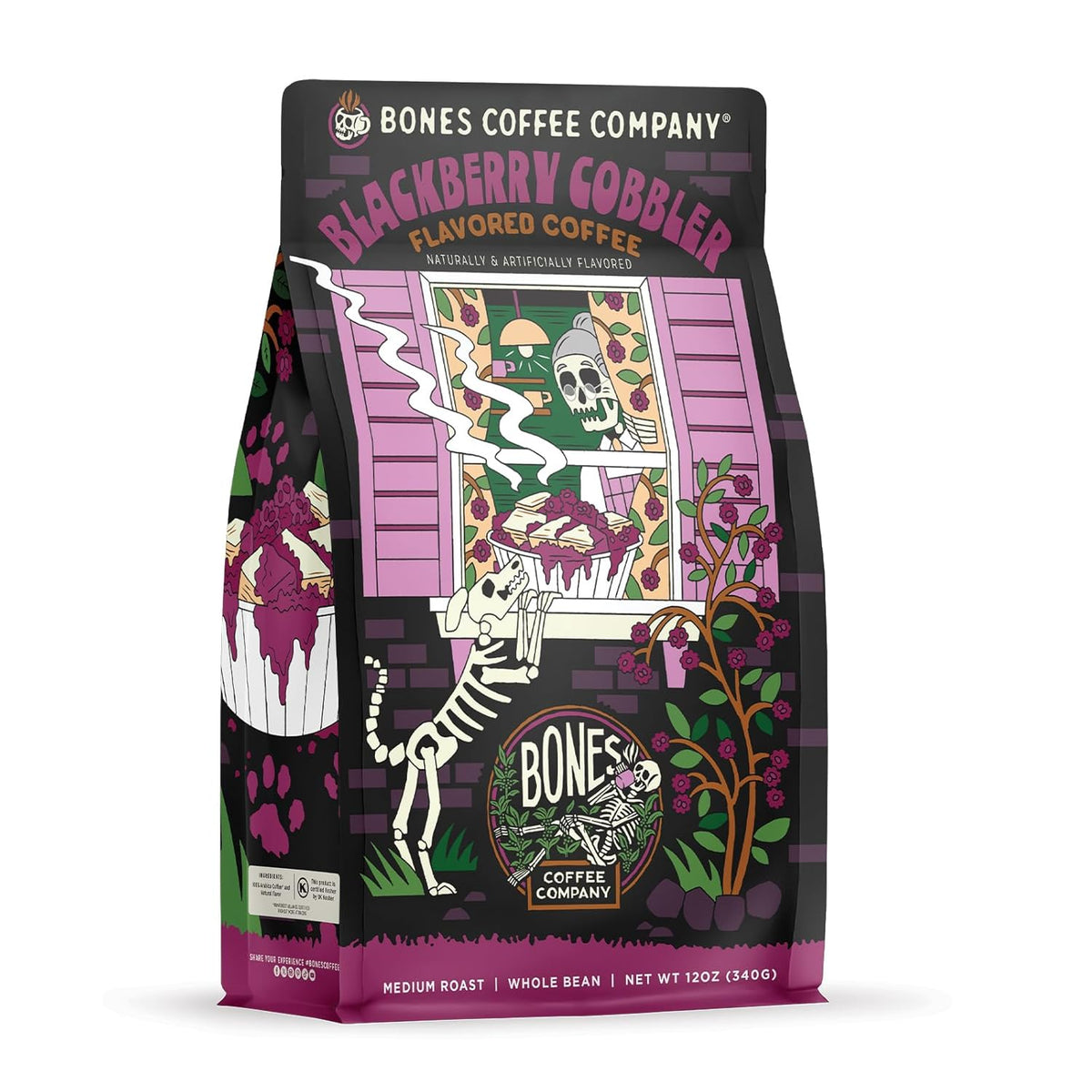 Bones Coffee Company Blackberry Cobbler Flavored Coffee Beans, Whole Bean Coffee Medium Roast Low Acid, Blackberry Cobbler Flavor (12 oz)