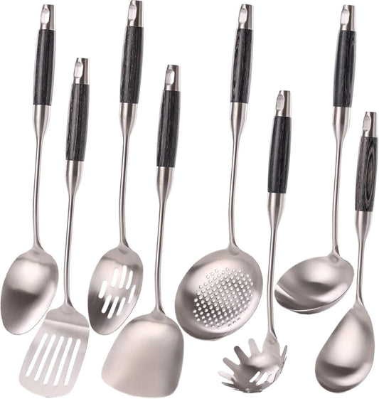 18/10 Stainless Steel Kitchen Utensils Set with Wooden Handle, 8Pcs 15” Long Cooking Utensil Set & Kitchen Gadgets Cookware Set, Serving Utensils-Spatula, Turner, Pasta, Serving Spoon, Skimmer, Ladle