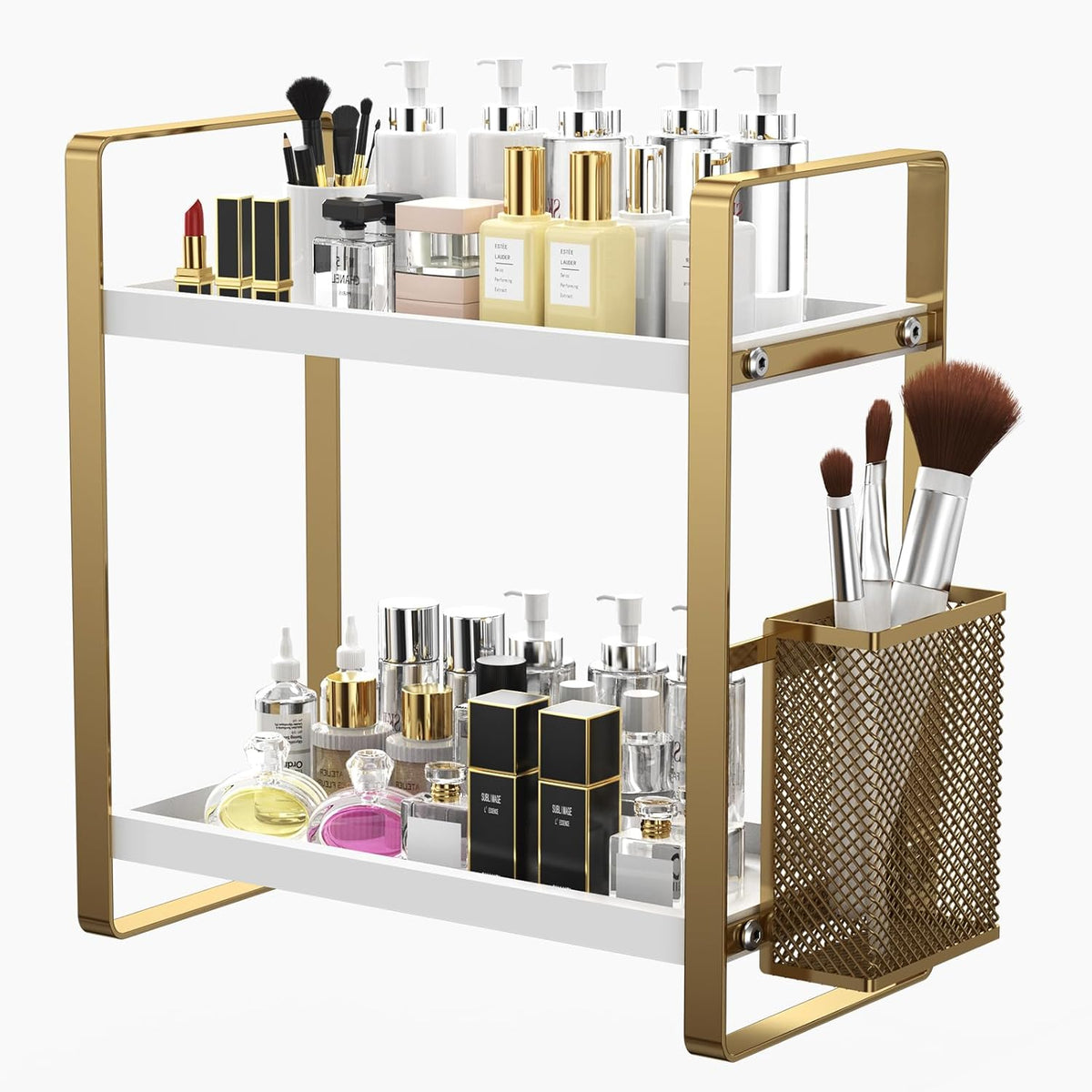 Bathroom Counter Organizer, Wood Vanity Trays with Basket, Skincare Countertop Organizers, Large Capacity Makeup and Perfume Organizer