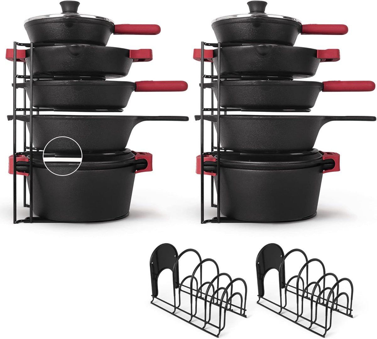 Pan Organizer - 2-PACK of Silicone-Coated Non-Slip 15" Heavy Duty Skillet Rack - Kitchen Counter/Cabinet Organization Storage - Holder for Cookie Sheet, Cutting Board, Cast Iron Cookware, Dish Stand
