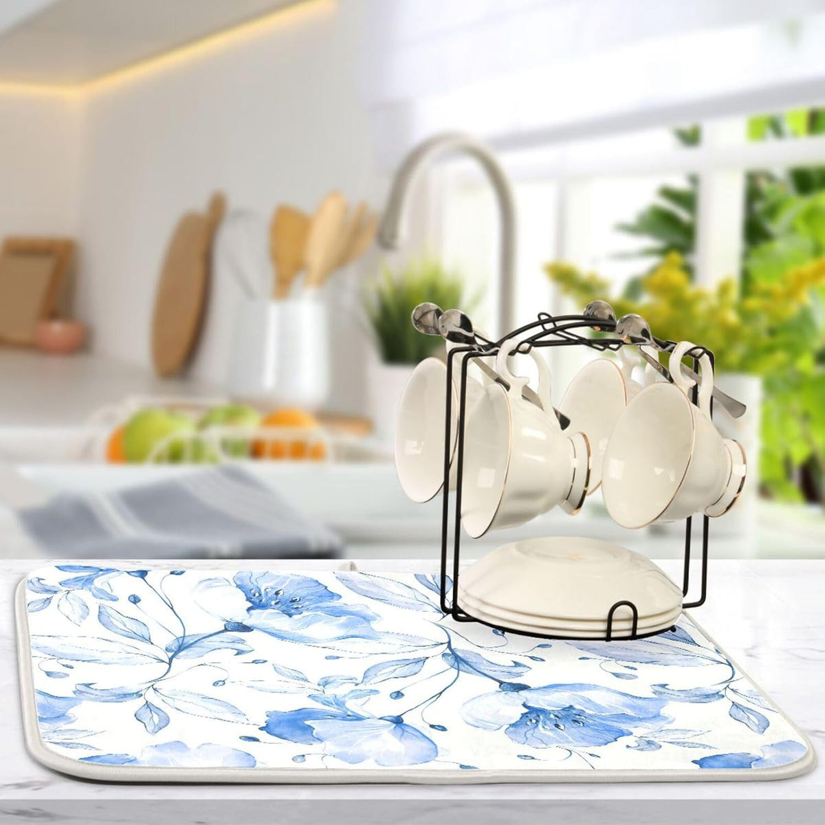 Spring Blue Flowers Leaves Dish Drying Mat for Kitchen Counter Absorbent Microfiber Drying Pad, Large 18x24 in, Reversible Drainer Mats