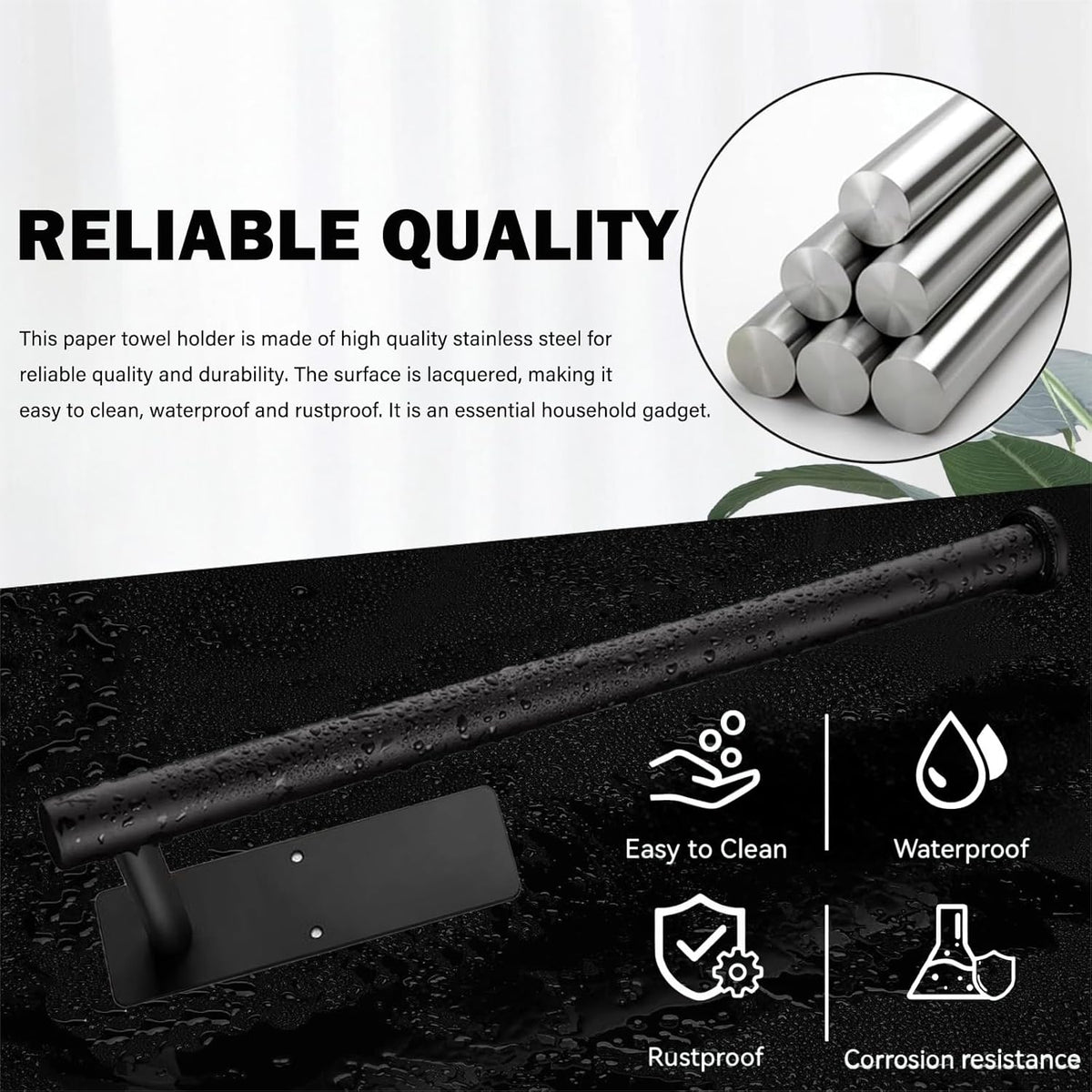 Self Adhesive or Drilling Paper Towel Holder Under Cabinet,Black Stainless Steel Hanging Paper Towel Holder Wall Mount for Kitchen Paper Towel,Under Counter Paper Towel Roll Rack for Home,Bathroom,RV