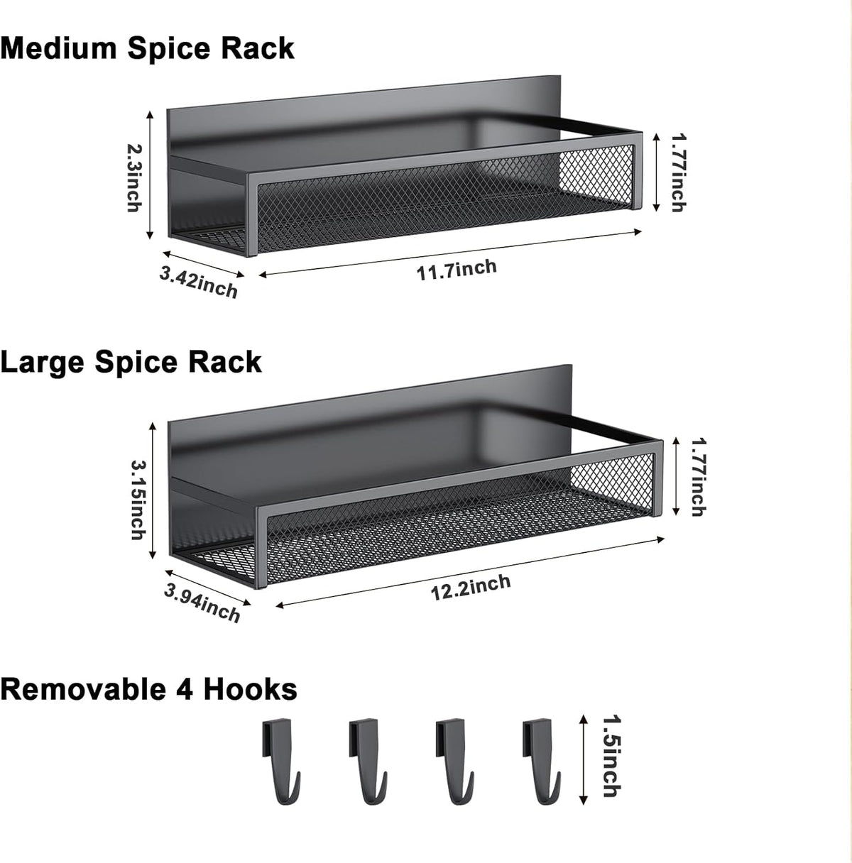 Magnetic Spice Rack for Refrigerator, 2 Pack Magnetic Shelf, Fridge Magnet Organizer with Moveable 4 Hooks, Magnetic Fridge Shelf for Kitchen Organization and Storage (2 Pack)