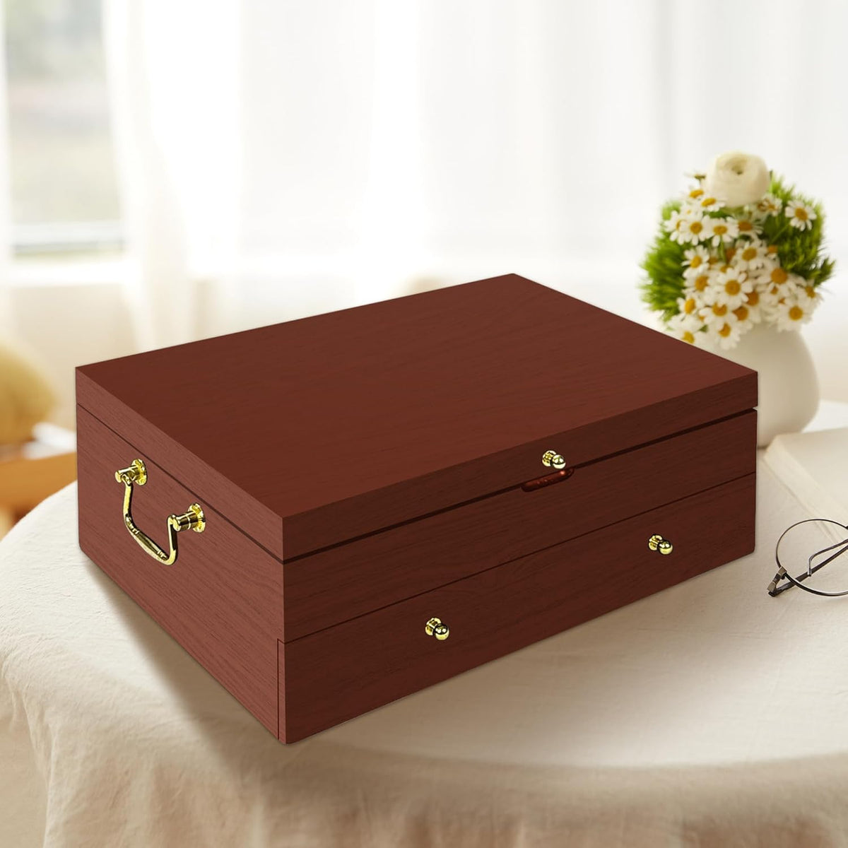 Silverware Storage Box Solid Wood with Lid, 2 Layer Silverware Storage Chest, 15.5'' ×11.5'' Silverware Organizer with Handle and Felt Lined, Chest for Flatware Setting Up 30