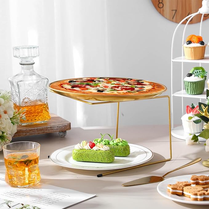 12 Pcs Pizza Stand Set: 4 Metal Stands, 4 Pizza Pans, 4 Spatulas for Weddings, Party(Gold,Classic)