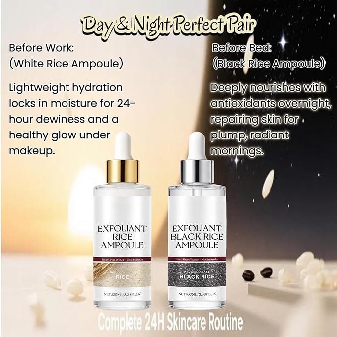 2PCS Peel Shot, Black and White Rice Peeling Ampoule, Rice Ampoule Duo Exfoliating Solution | Moisturizes and Nourishes for a Healthy Glow | Gentle Peel + Pore Minimizer for Face