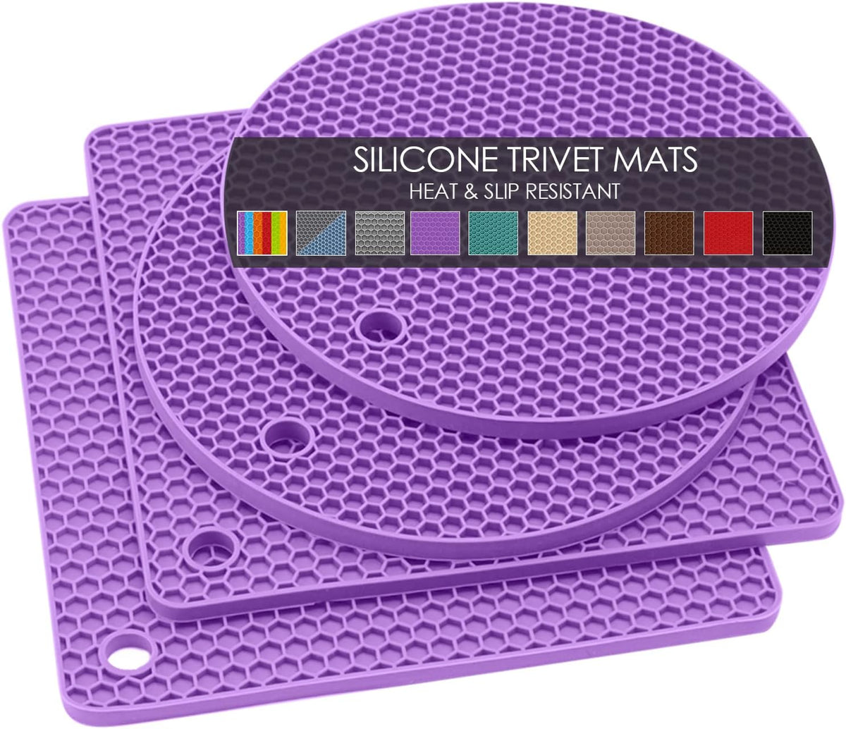 Silicone Silicone Trivet for Hot Dishes, 4 Pack Purple Heat Resistant Silicone Hot Pads Pot Holders for Kitchen Counter Non-Slip Trivets for Hot Pots and Pans, Small Dish Drying Mat & Spoon Rest