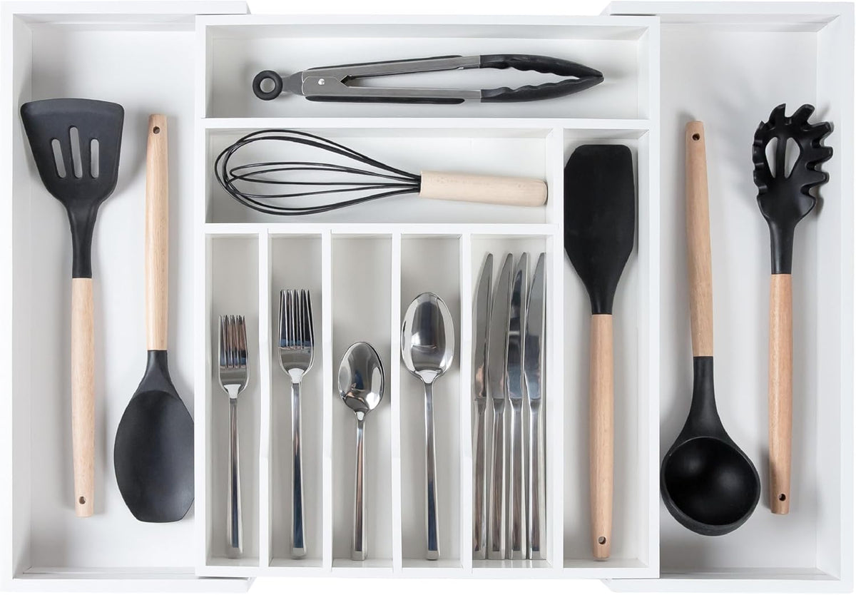 KitchenEdge Premium Silverware, Flatware and Utensil Organizer for Kitchen Drawers, Food-Safe Contract Grade, Expandable from 14.5 to 25 In, White Bamboo