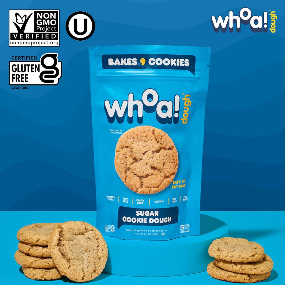 Whoa Dough Ready to Bake Cookie Dough Sugar Cookie – Certified Non-GMO, Kosher, Gluten Free – Plant-Based Snack Dough Made with Real Ingredients – 12 Pack