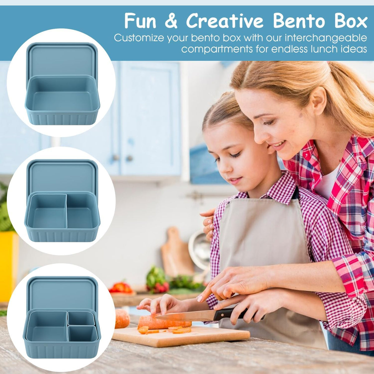 Bento Lunch Box for Kids-Reusable Silicone Kids Bento Box Lunch Container Leakproof Lunchbox Meal Prep Food Storage Containers with 3 Removable Compartments–Dishwasher Safe/BPA Free/Portion Control