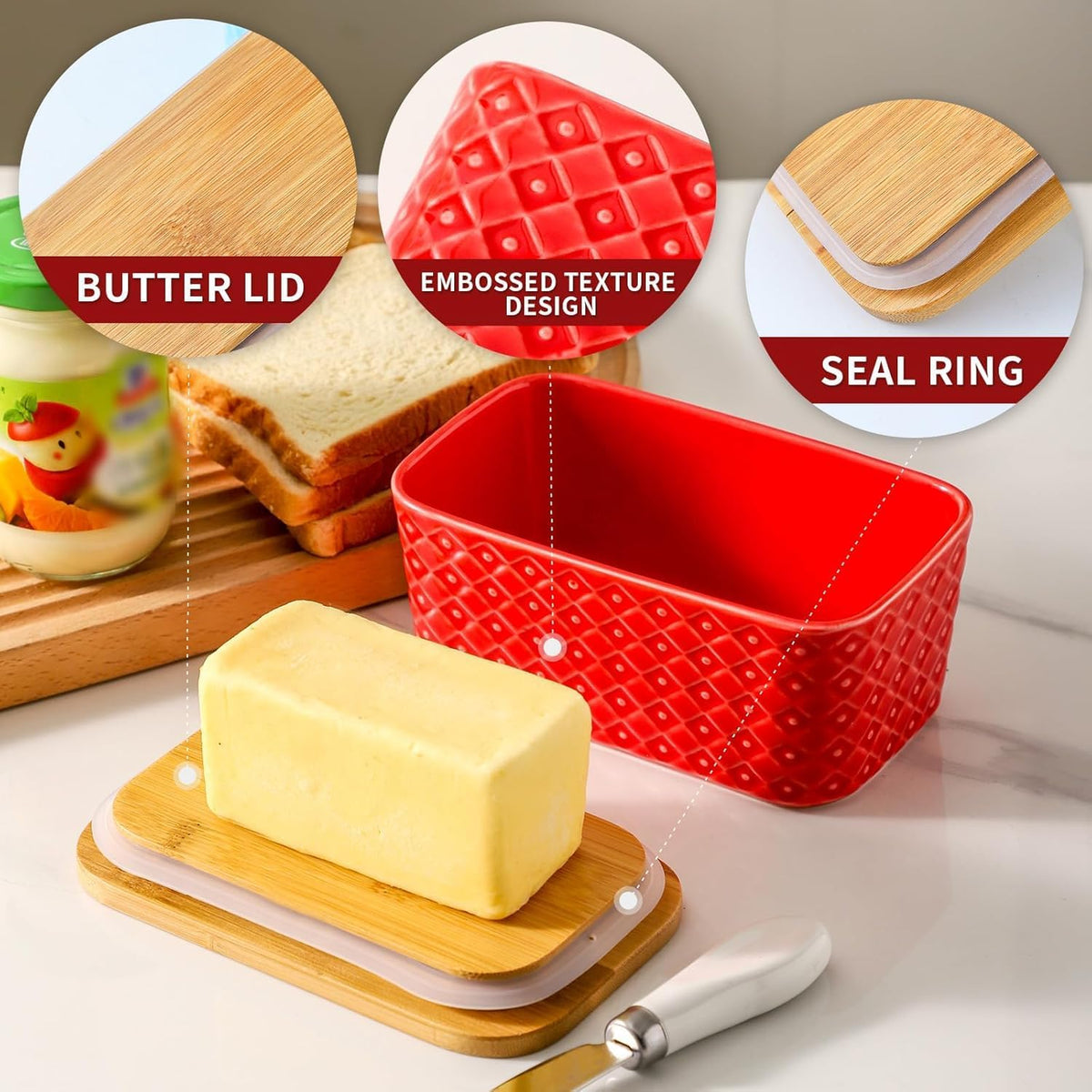 Ceramic Butter Dish with Lid,Large Butter Container with Airtight Cover for Countertop or Refrigerator,Farmhouse Kitchen Butter Holder for New Year Gift,Dishwasher Safe,Red Embossed Pattern