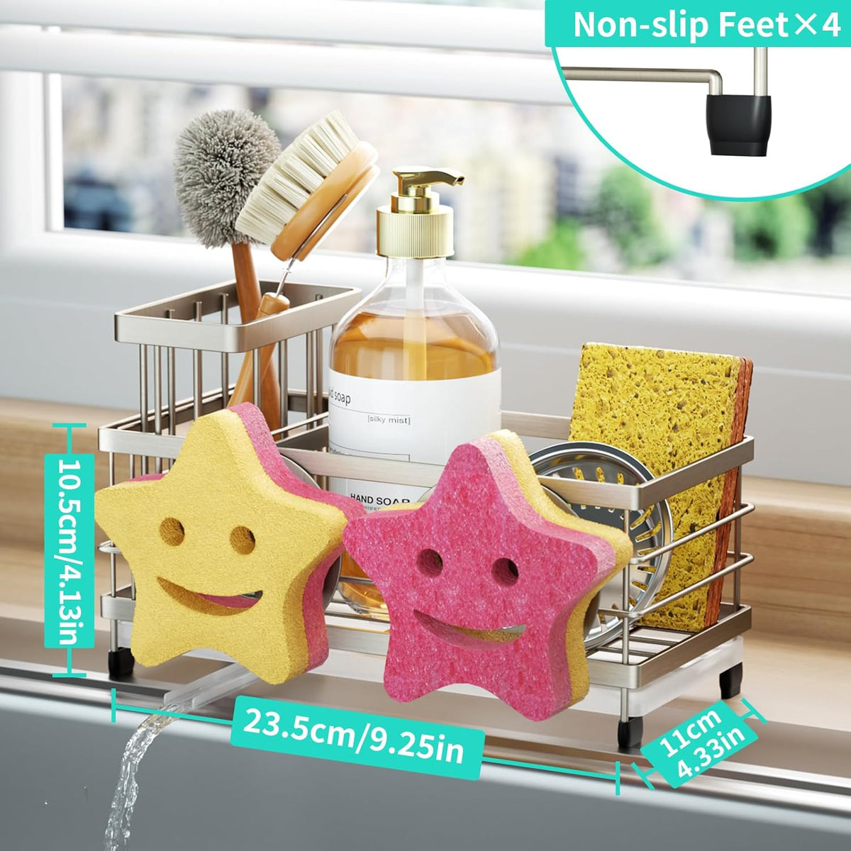 HapiRm Sink Caddy Sponge Holder - Self-draining Kitchen Sink Organizer with Smiley Face and Brush Holder, Stainless Steel Kitchen Sponge Caddy for Countertop - Brushed Nickel