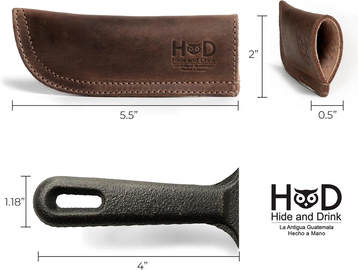 Hide & Drink, Full Grain Leather Hot Handle, Cast Iron Protector, Panhandle Potholder, Double Layered, Double Stitched, Slides On/Off Easily onto Metal Skillet Grips, Handmade, Bourbon Brown