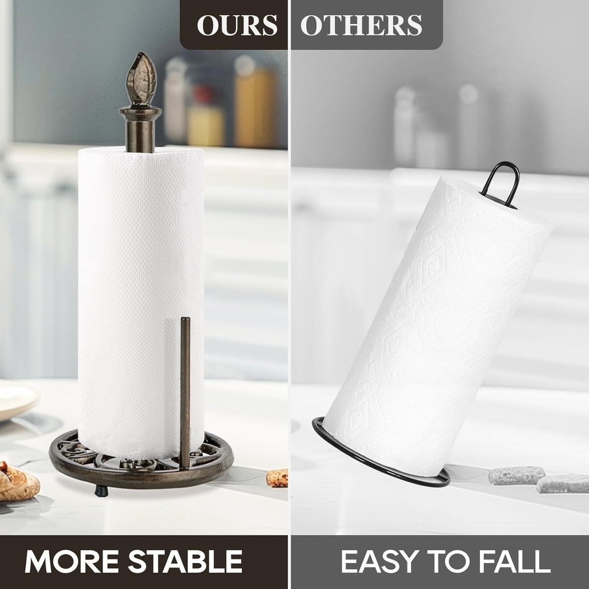 JOGREFUL Paper Towel Holder Stand, Cast Iron Kitchen Paper Towel Countertop Vintage Stand with Weighted-Base, Bathroom Organization for Family Standard Large Size Roll Paper, Leaf Top, Coffee Gold